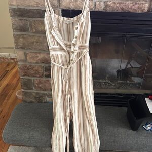 LOFT Beige and White Striped Jumpsuit
